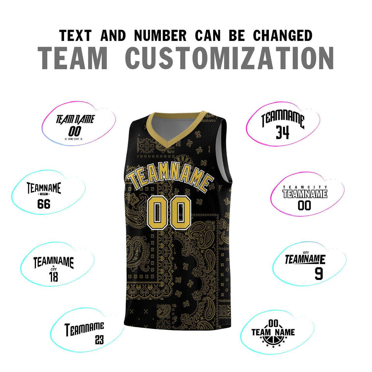 Custom Black Basketball Kits With Old Gold Cashew Flower Print Pattern