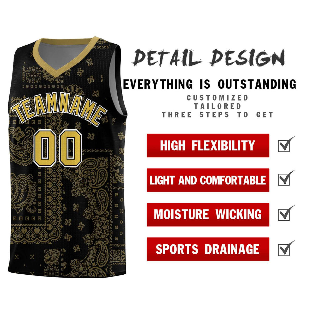 Custom Black Basketball Kits With Old Gold Cashew Flower Print Pattern