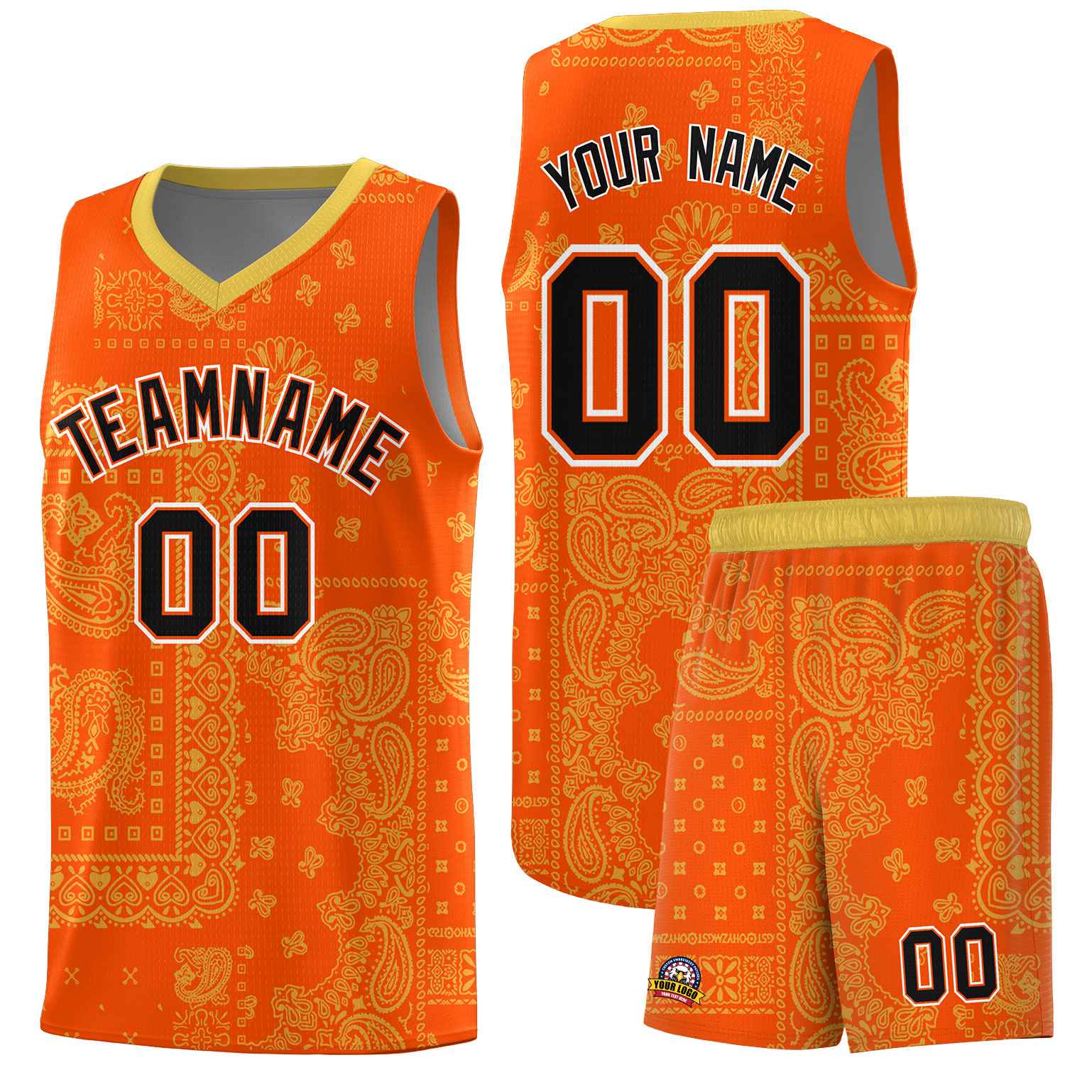 Custom Orange Basketball Kits With Old Gold Cashew Flower Print Pattern