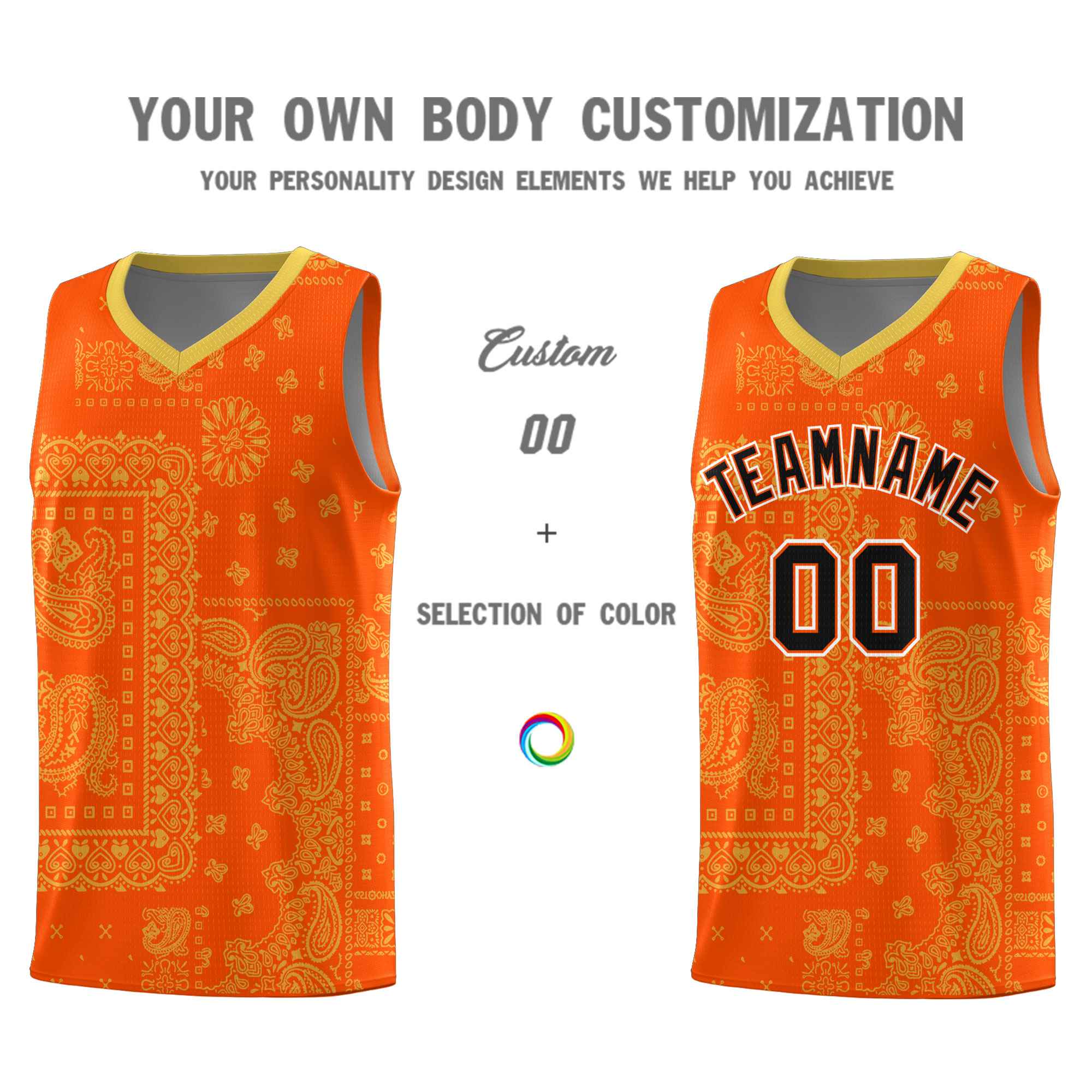 Custom Orange Basketball Kits With Old Gold Cashew Flower Print Pattern