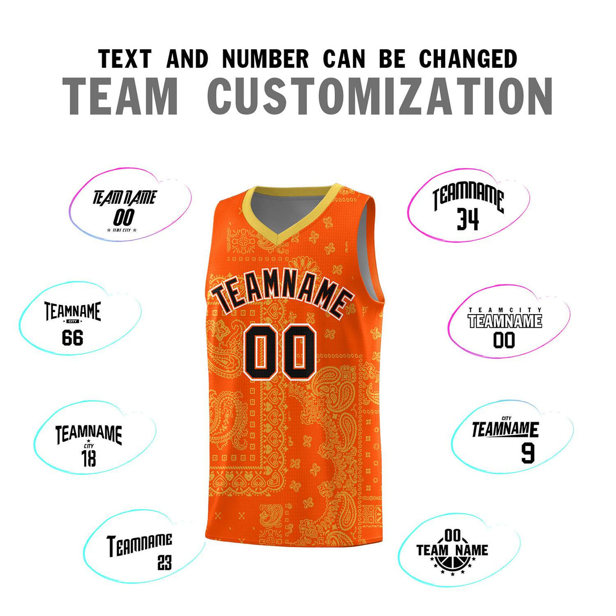 Custom Orange Basketball Kits With Old Gold Cashew Flower Print Pattern