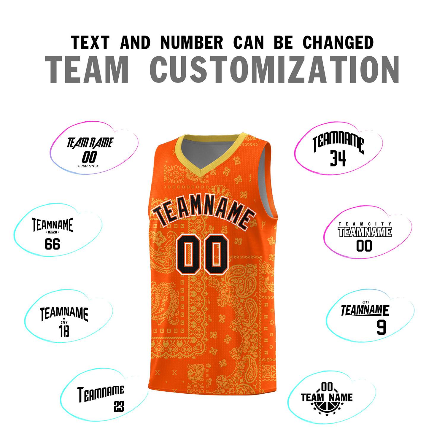 Custom Orange Basketball Kits With Old Gold Cashew Flower Print Pattern