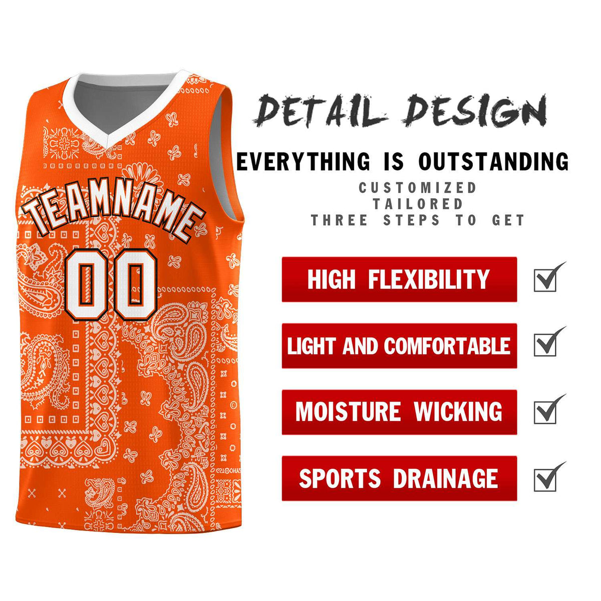 Custom Orange Basketball Kits With White Cashew Flower Print Pattern