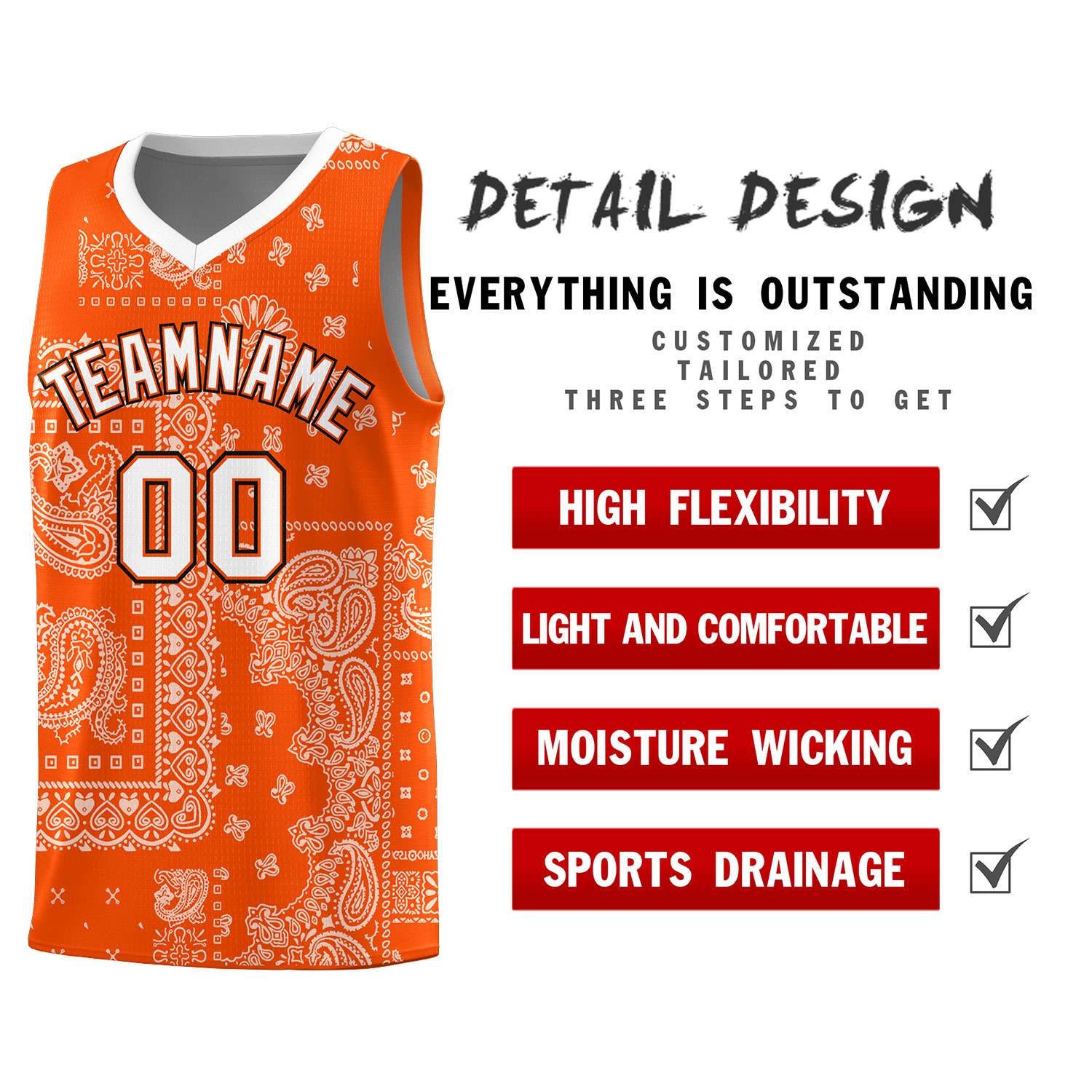 Custom Orange Basketball Kits With White Cashew Flower Print Pattern