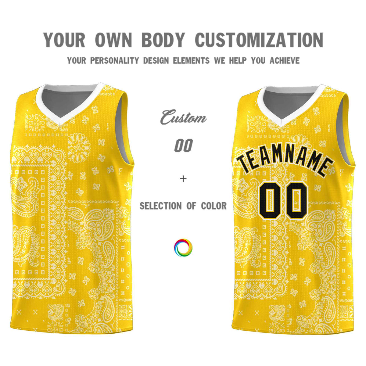 Custom Gold Basketball Kits With White Cashew Flower Print Pattern