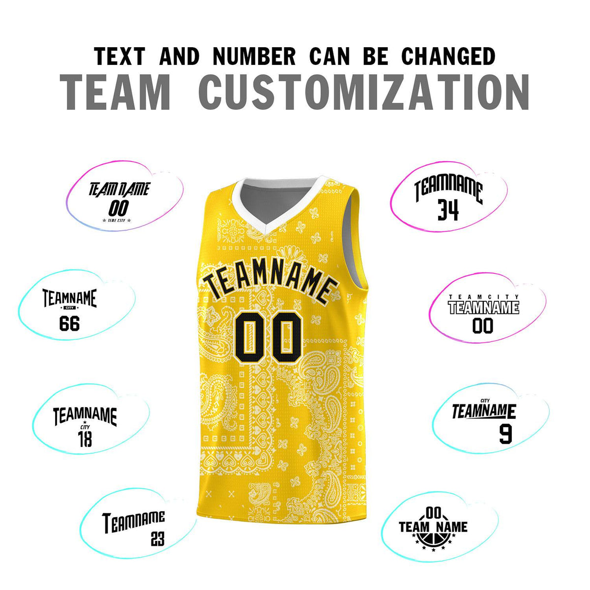 Custom Gold Basketball Kits With White Cashew Flower Print Pattern