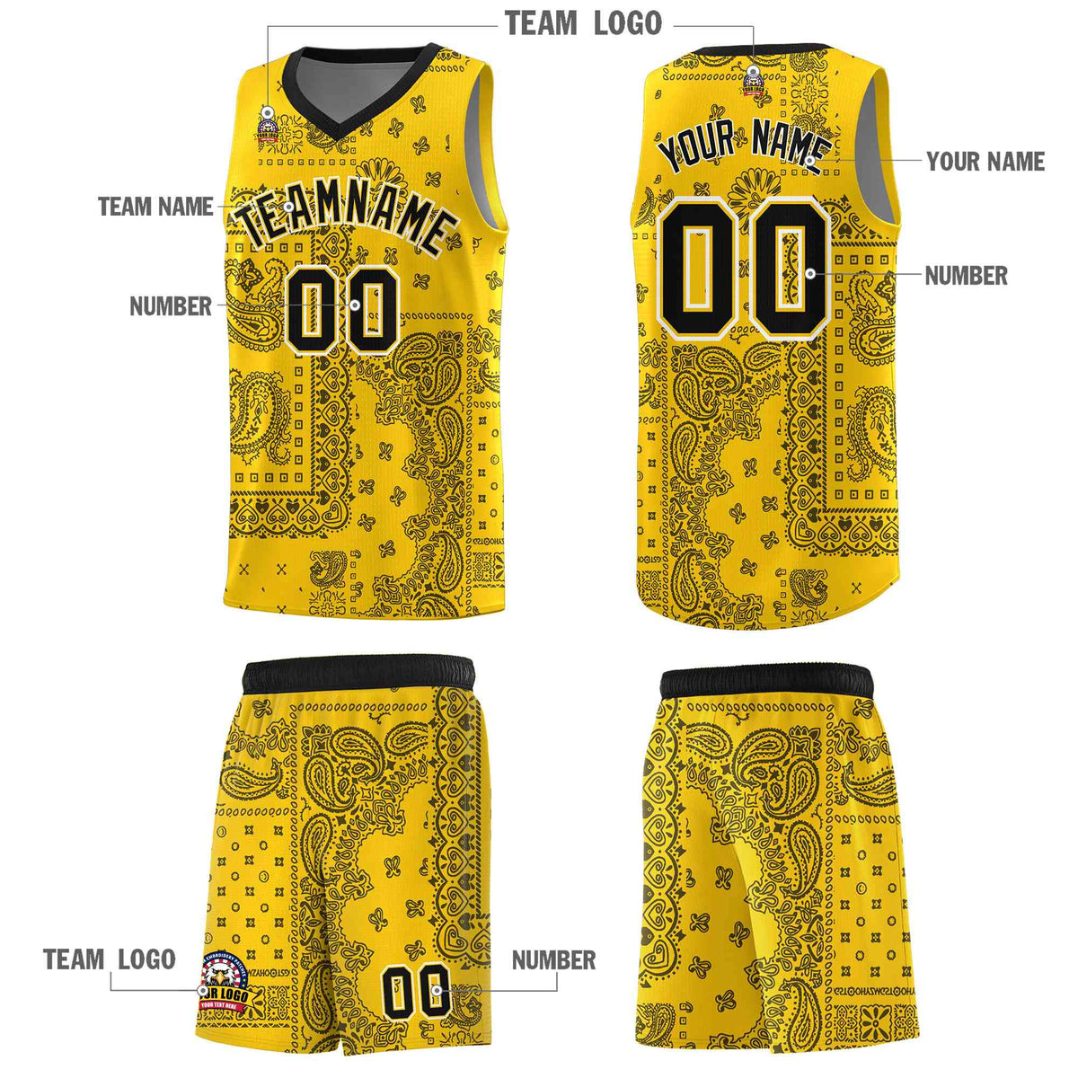 Custom Gold Basketball Kits With Black Cashew Flower Print Pattern