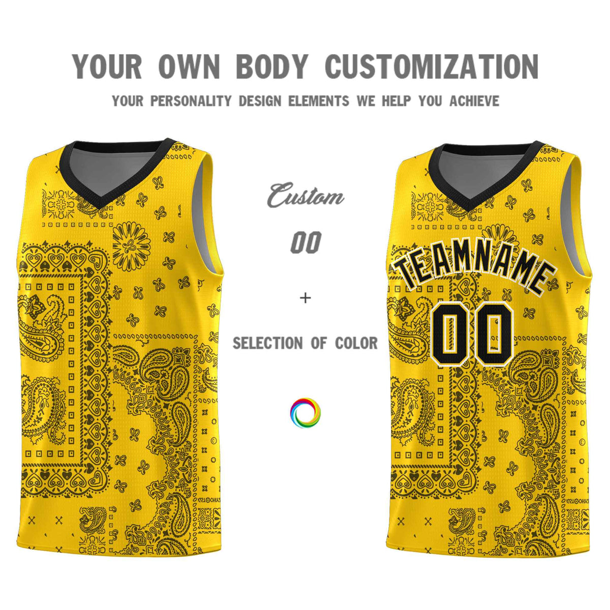 Custom Gold Basketball Kits With Black Cashew Flower Print Pattern