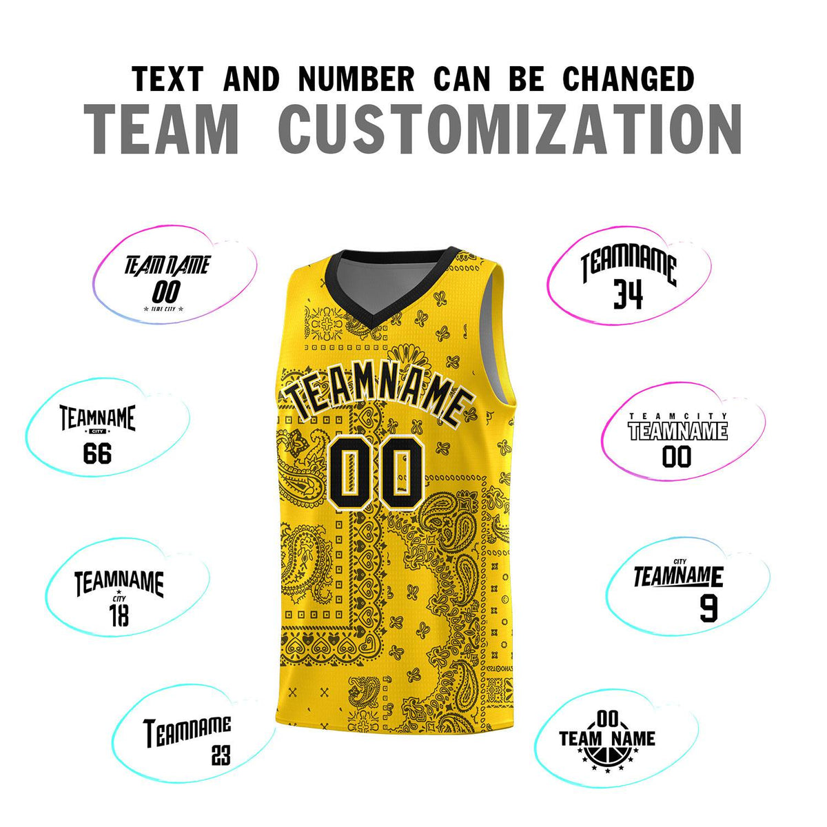 Custom Gold Basketball Kits With Black Cashew Flower Print Pattern