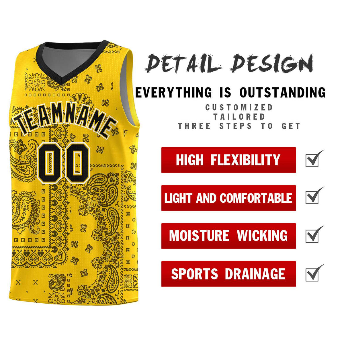 Custom Gold Basketball Kits With Black Cashew Flower Print Pattern