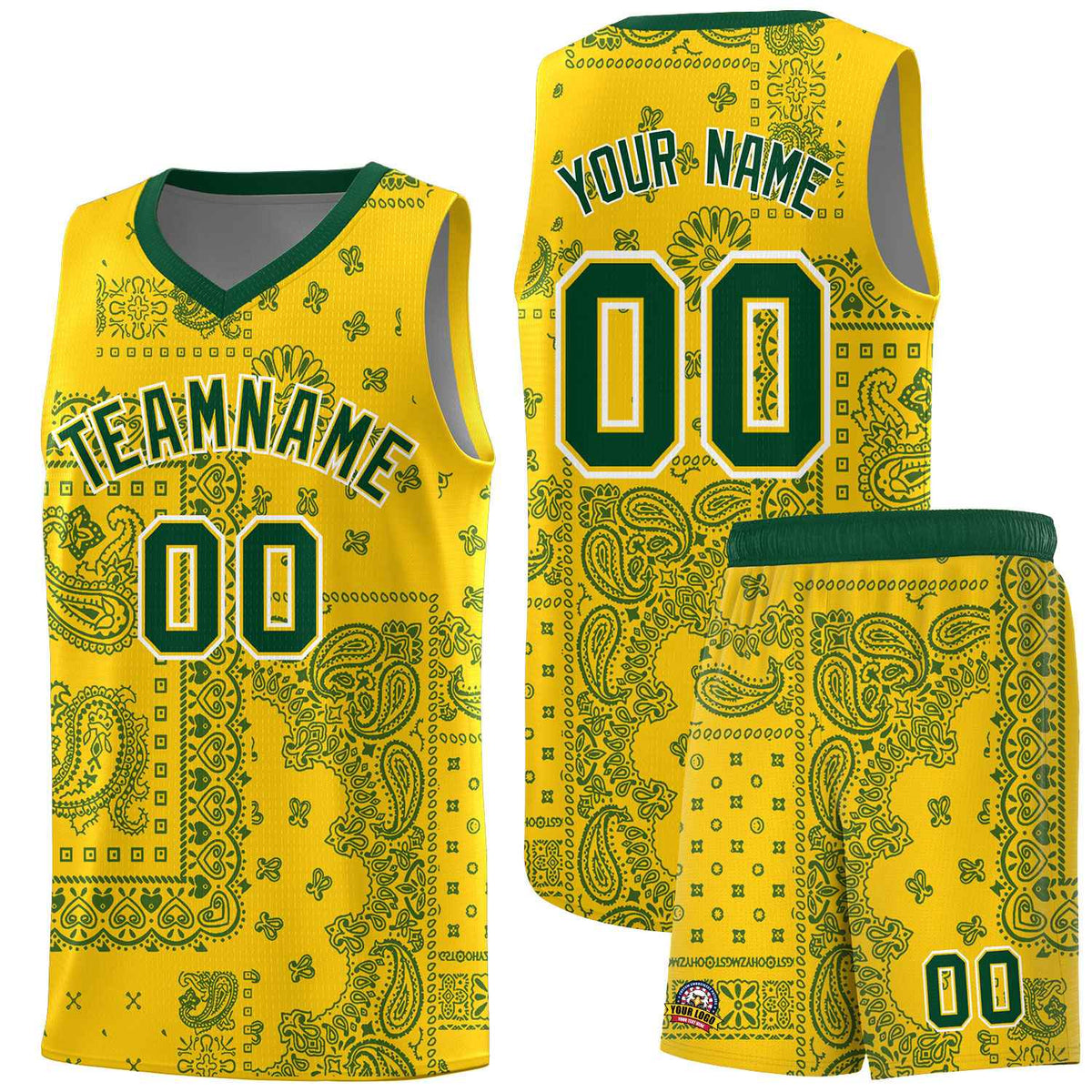 Custom Gold Basketball Kits With Kelly Green Cashew Flower Print Pattern
