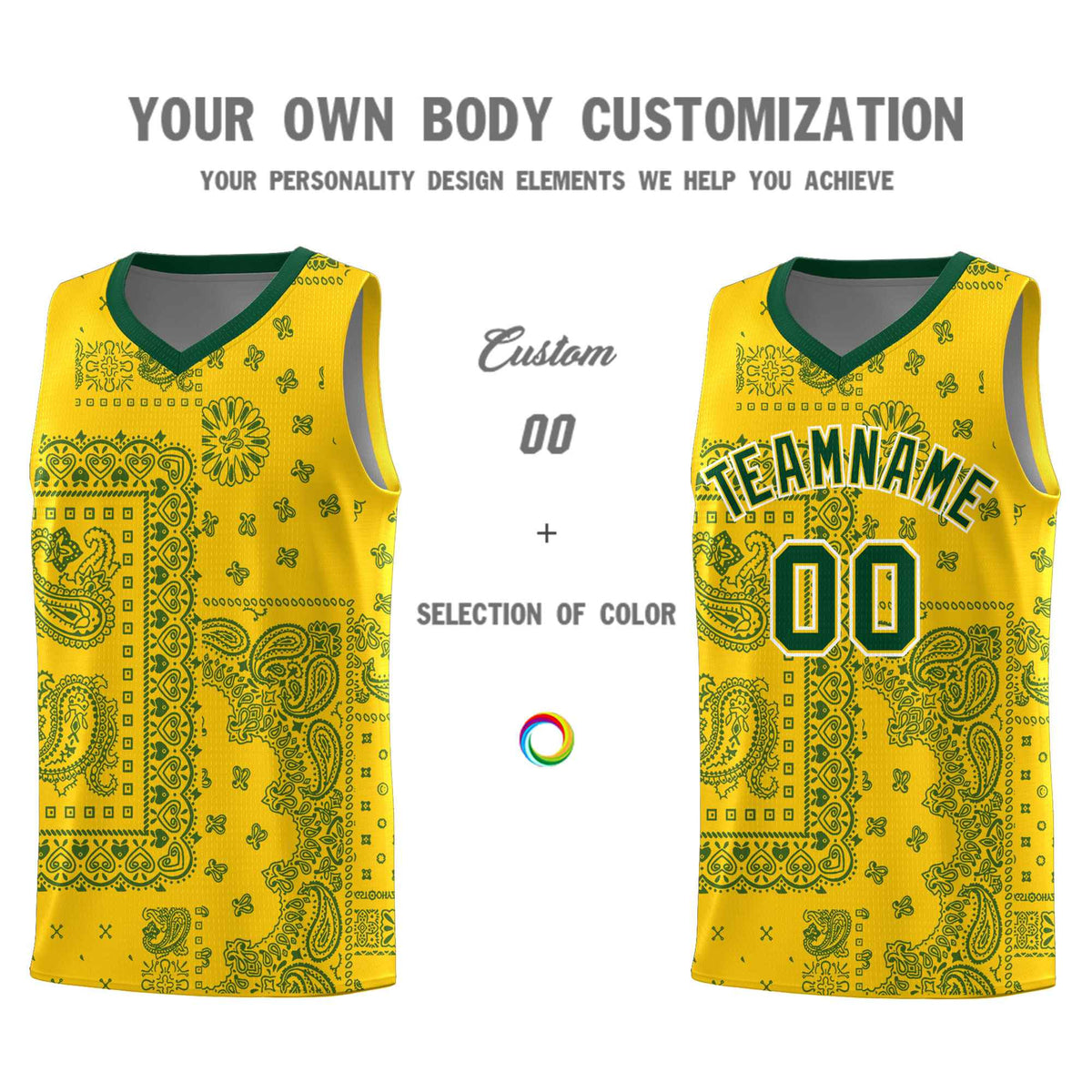 Custom Gold Basketball Kits With Kelly Green Cashew Flower Print Pattern