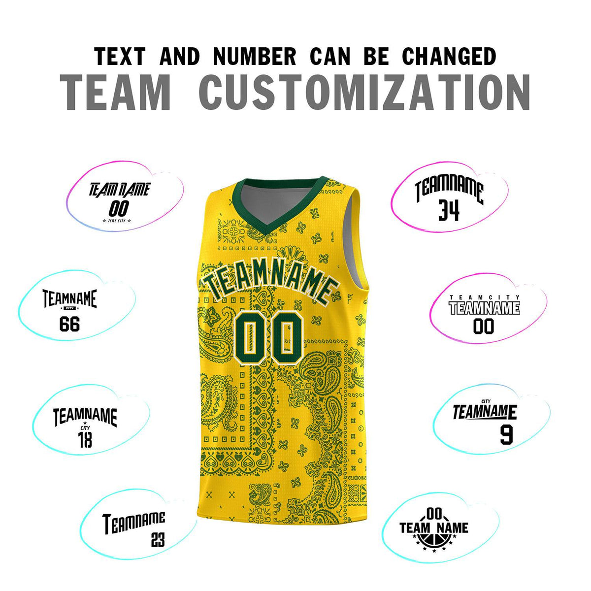 Custom Gold Basketball Kits With Kelly Green Cashew Flower Print Pattern