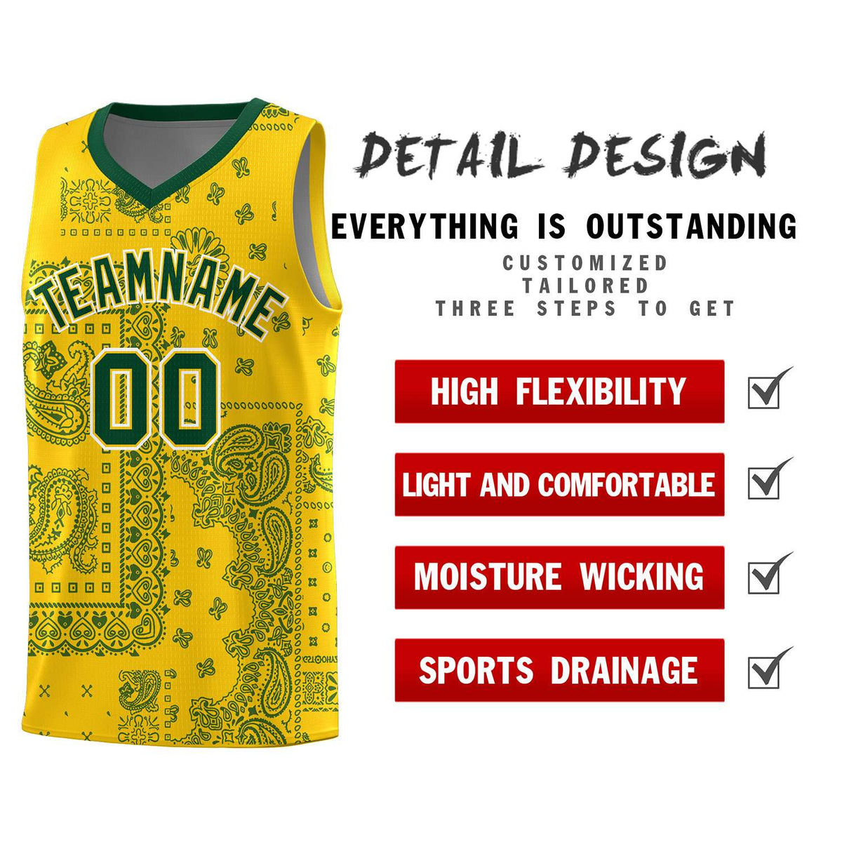 Custom Gold Basketball Kits With Kelly Green Cashew Flower Print Pattern