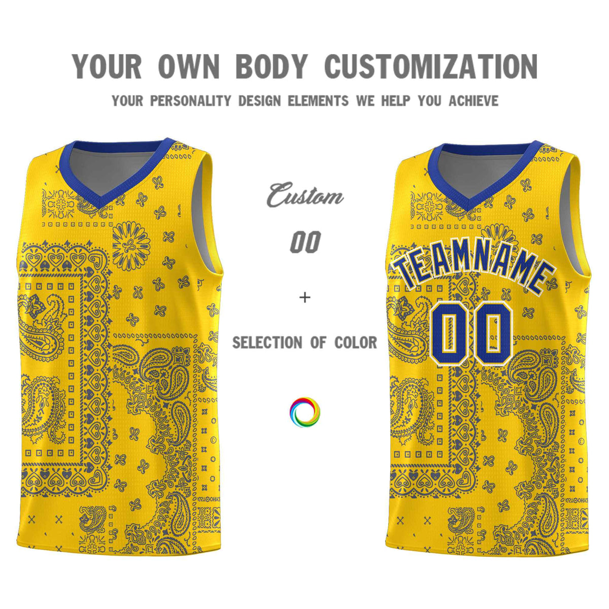 Custom Gold Basketball Kits With Royal Cashew Flower Print Pattern