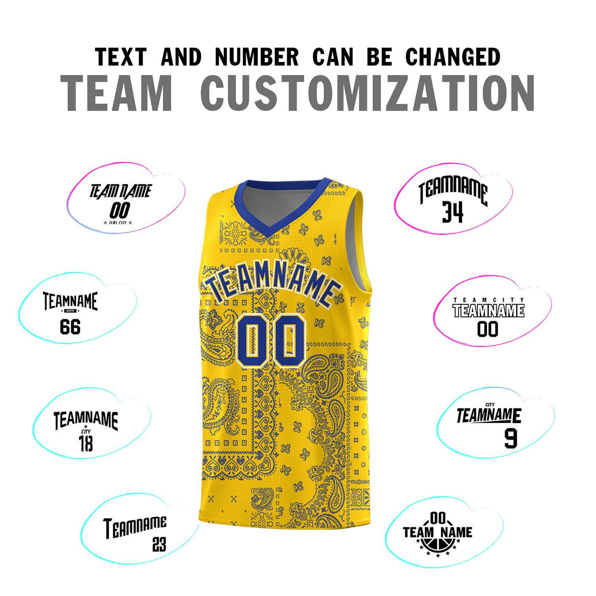 Custom Gold Basketball Kits With Royal Cashew Flower Print Pattern