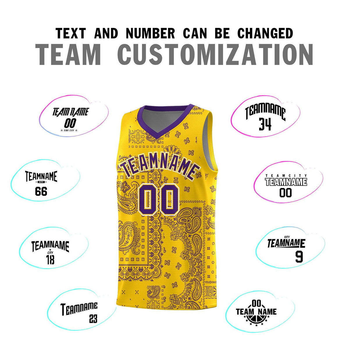 Custom Gold Basketball Kits With Purple Cashew Flower Print Pattern