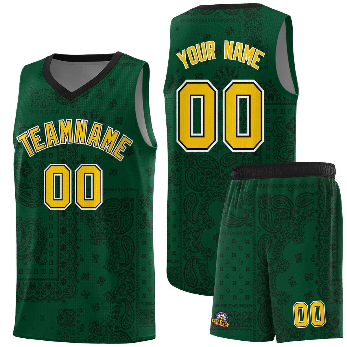 Custom Green Basketball Kits With Black Cashew Flower Print Pattern