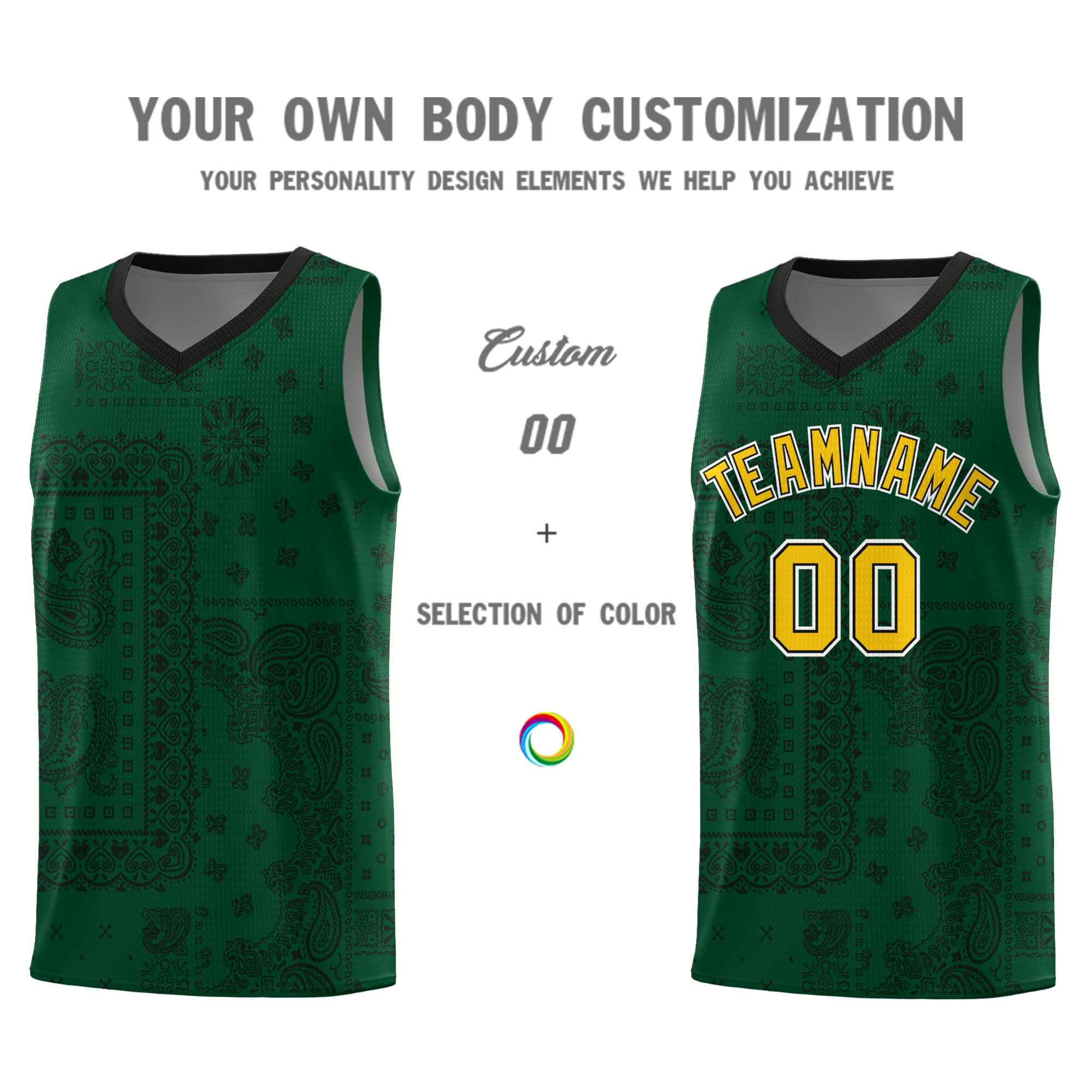 Custom Green Basketball Kits With Black Cashew Flower Print Pattern
