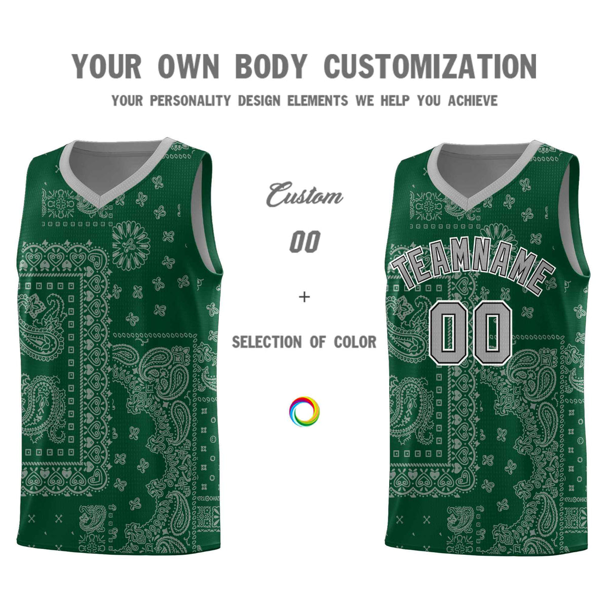 Custom Green Basketball Kits With Silver Gray Cashew Flower Print Pattern