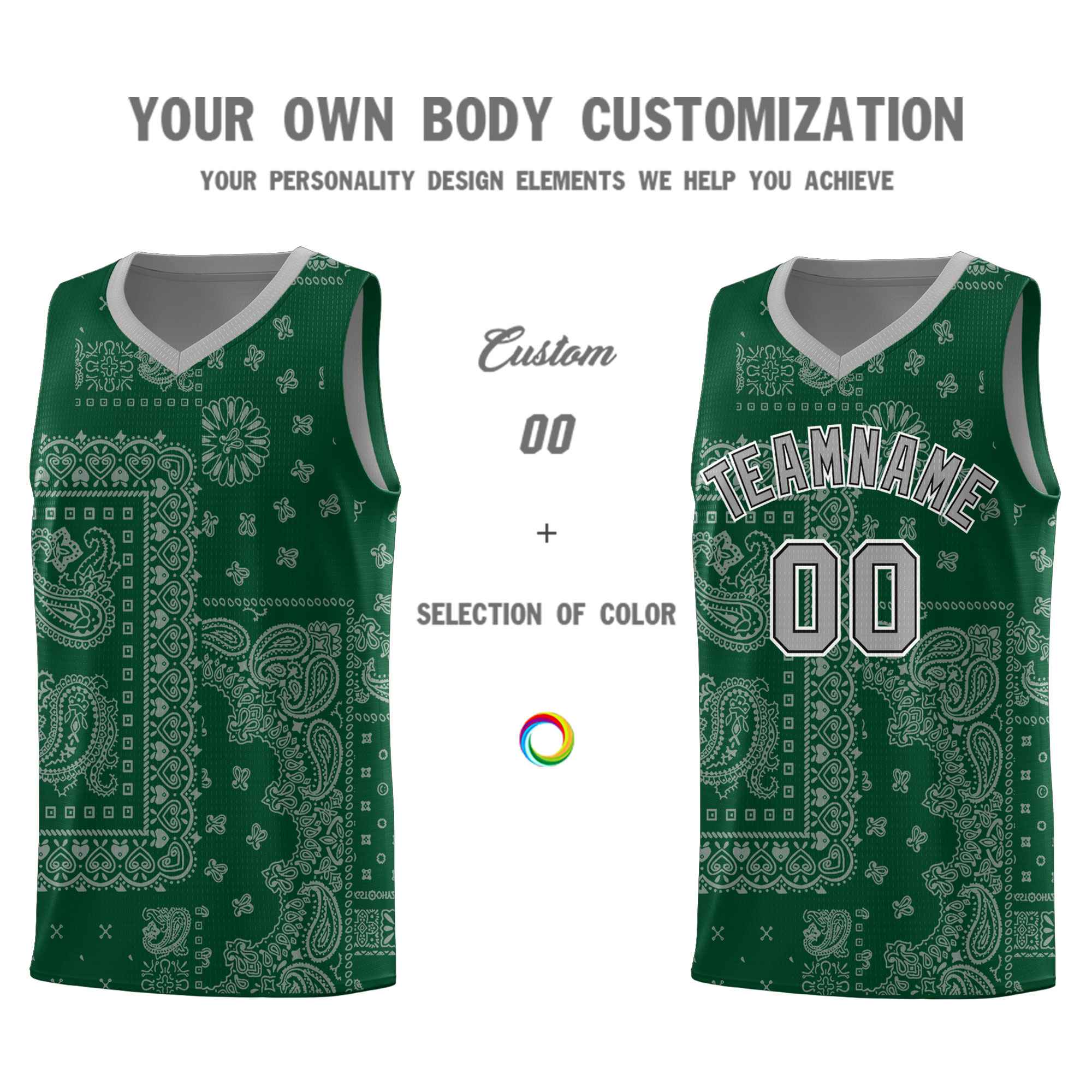 Custom Green Basketball Kits With Silver Gray Cashew Flower Print Pattern