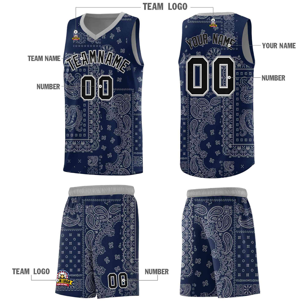 Custom Navy Basketball Kits With Silver Gray Cashew Flower Print Pattern
