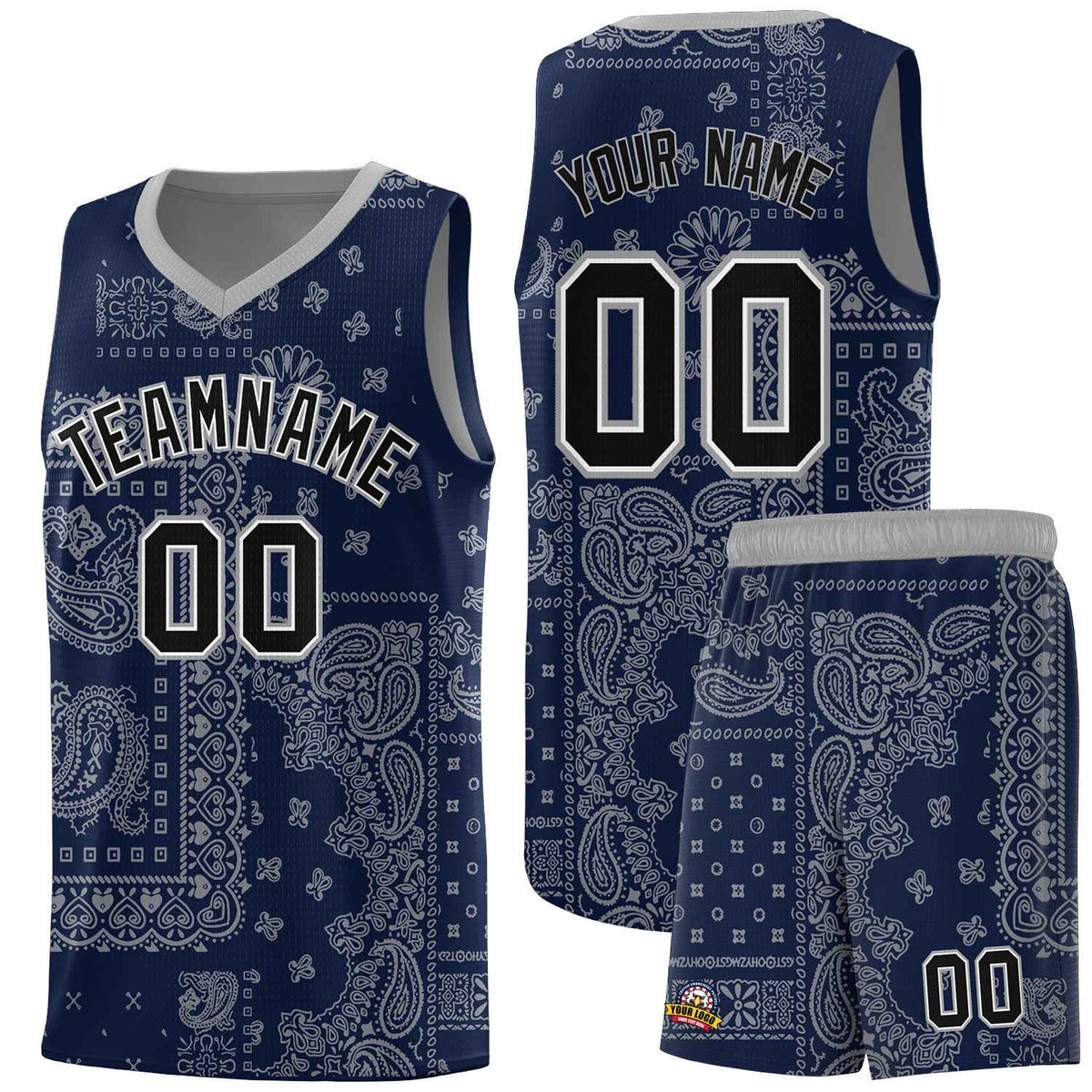 Custom Navy Basketball Kits With Silver Gray Cashew Flower Print Pattern