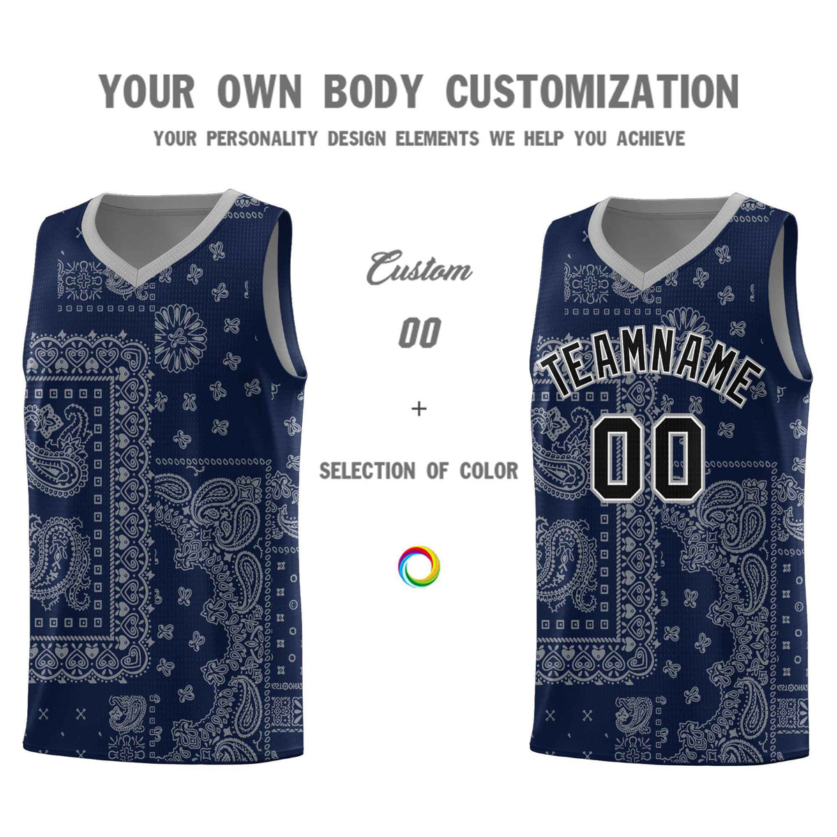 Custom Navy Basketball Kits With Silver Gray Cashew Flower Print Pattern
