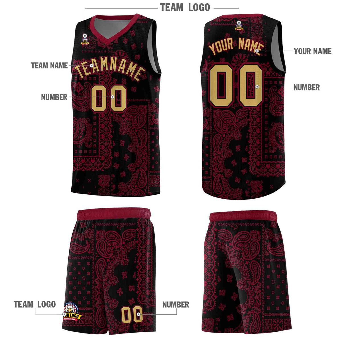 Custom Black Basketball Kits With Crimson Cashew Flower Print Pattern