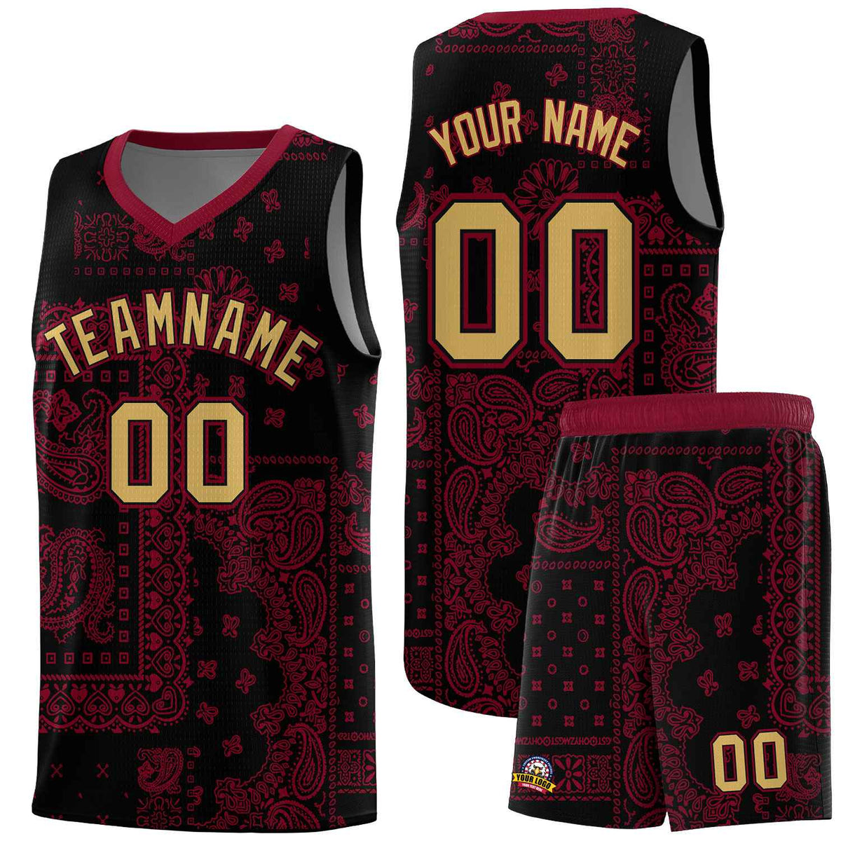 Custom Black Basketball Kits With Crimson Cashew Flower Print Pattern