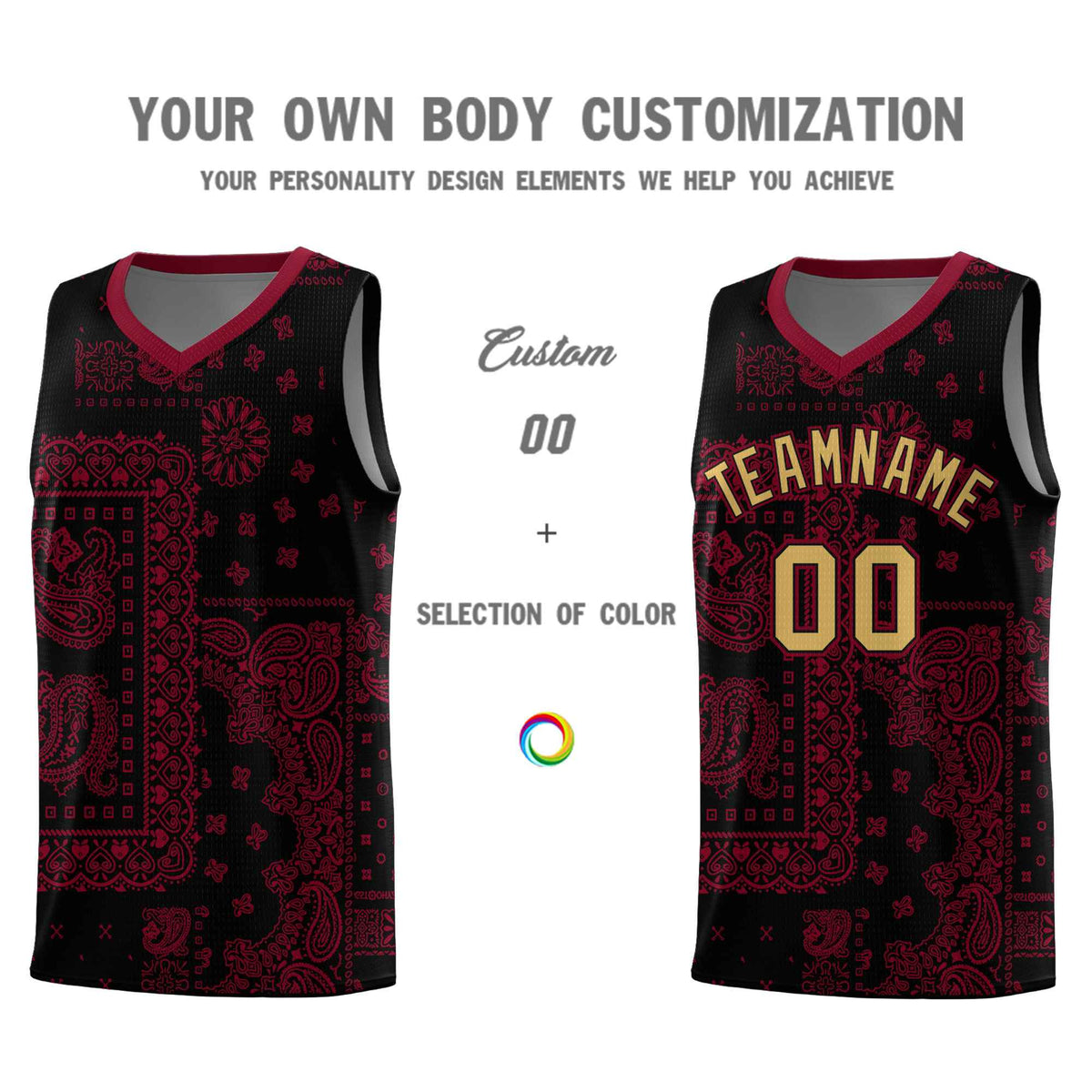 Custom Black Basketball Kits With Crimson Cashew Flower Print Pattern