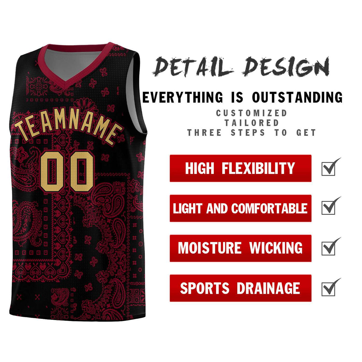 Custom Black Basketball Kits With Crimson Cashew Flower Print Pattern