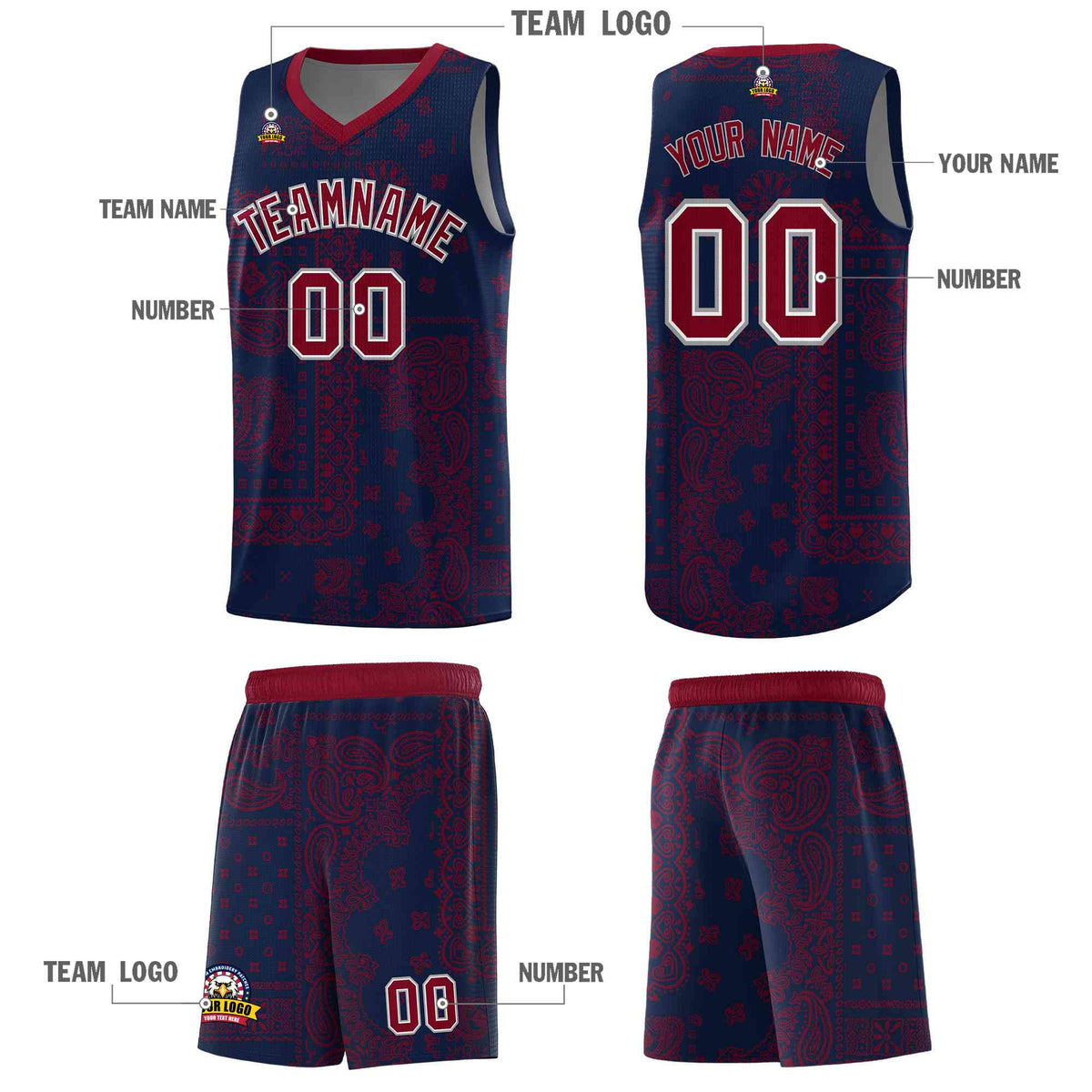 Custom Navy Basketball Kits With Crimson Cashew Flower Print Pattern