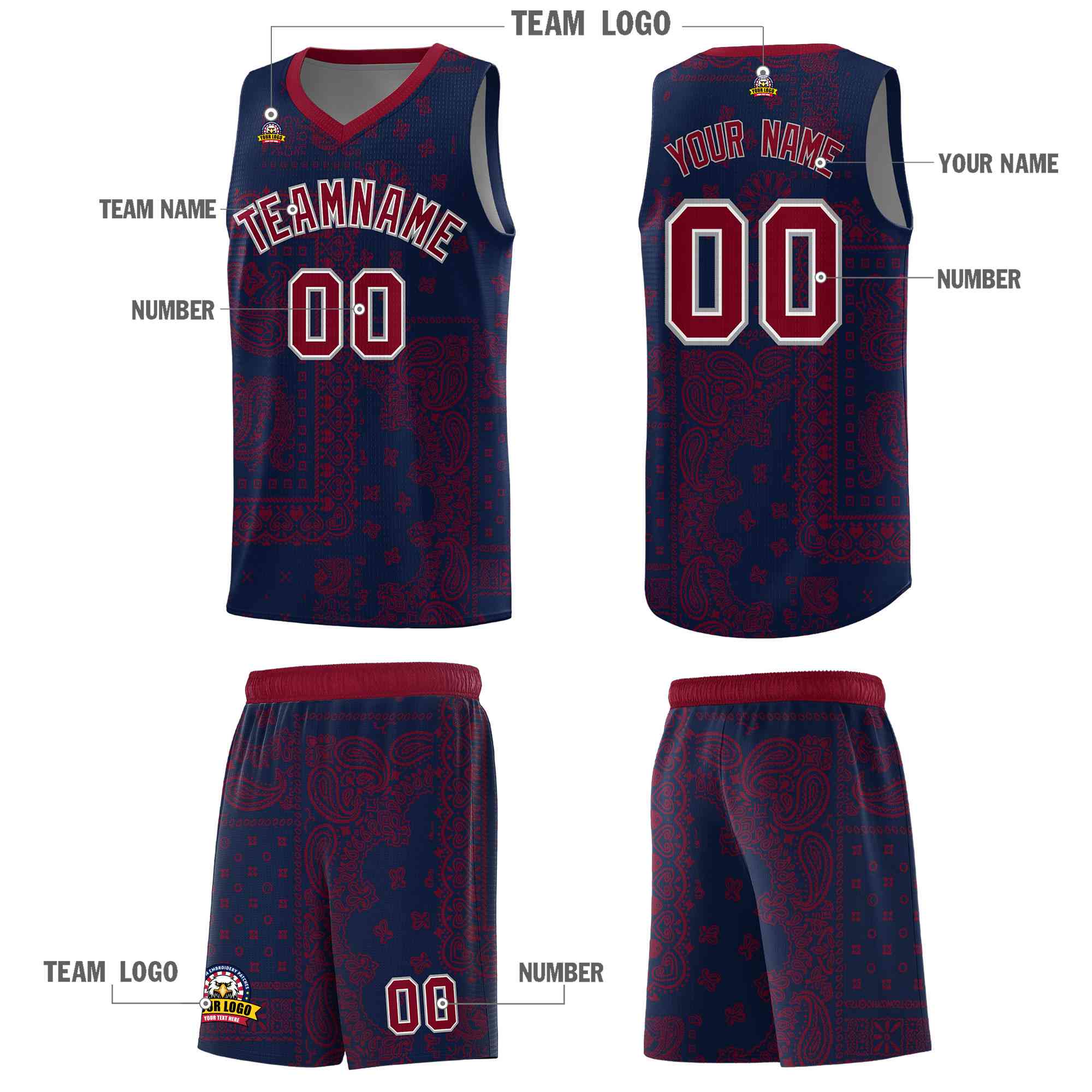 Custom Navy Basketball Kits With Crimson Cashew Flower Print Pattern