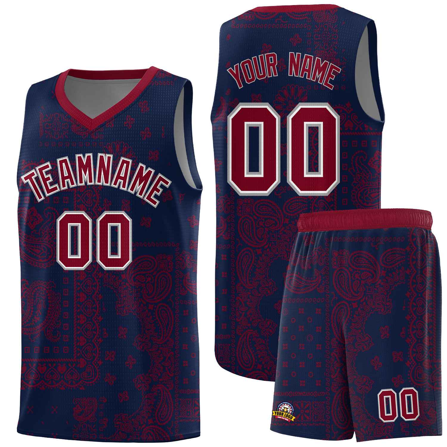 Custom Navy Basketball Kits With Crimson Cashew Flower Print Pattern