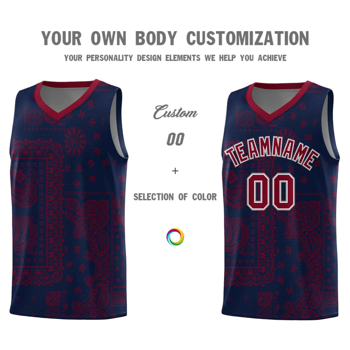 Custom Navy Basketball Kits With Crimson Cashew Flower Print Pattern