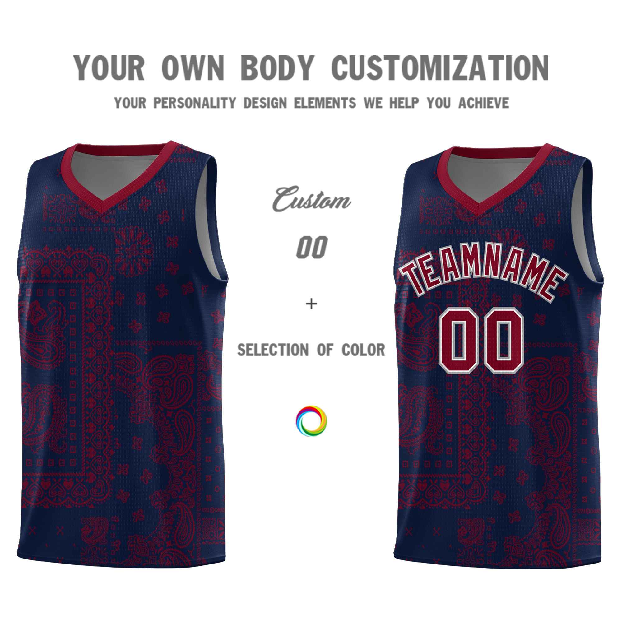 Custom Navy Basketball Kits With Crimson Cashew Flower Print Pattern