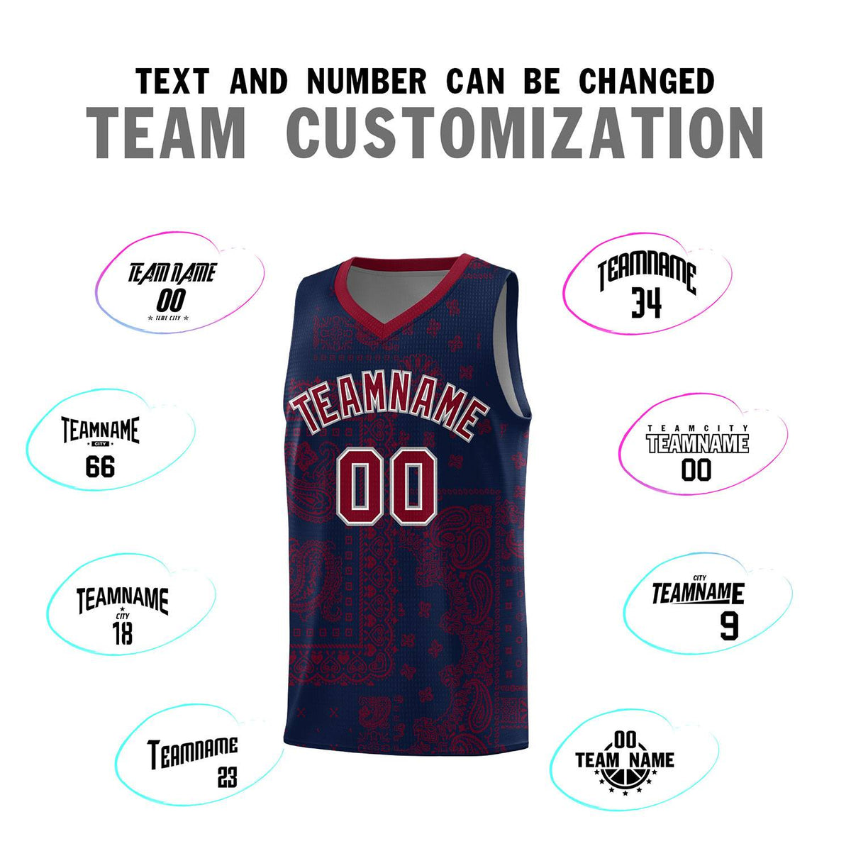 Custom Navy Basketball Kits With Crimson Cashew Flower Print Pattern