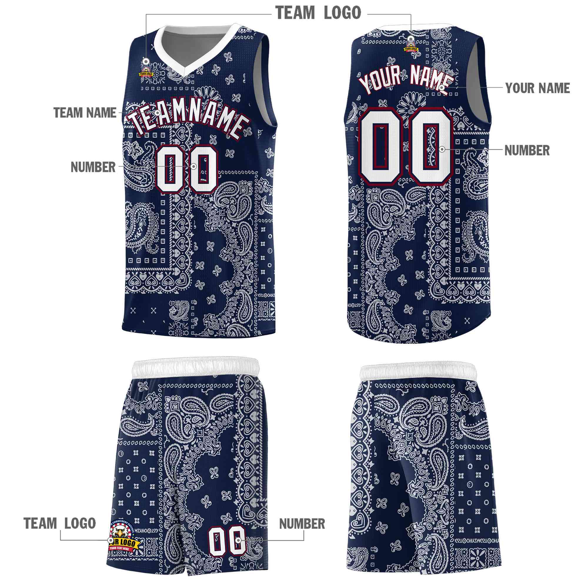 Custom Navy Basketball Kits With White Cashew Flower Print Pattern