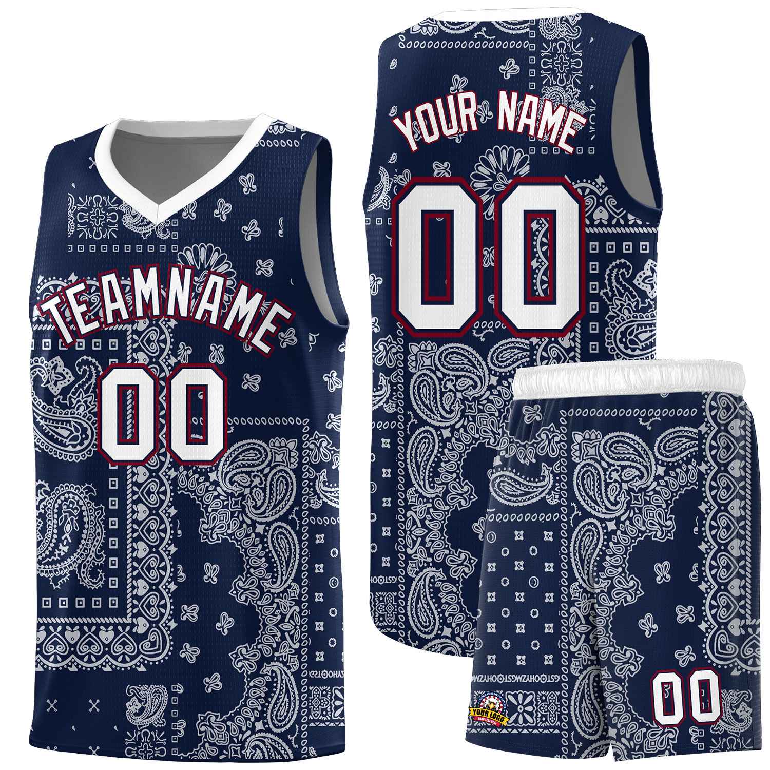 Custom Navy Basketball Kits With White Cashew Flower Print Pattern
