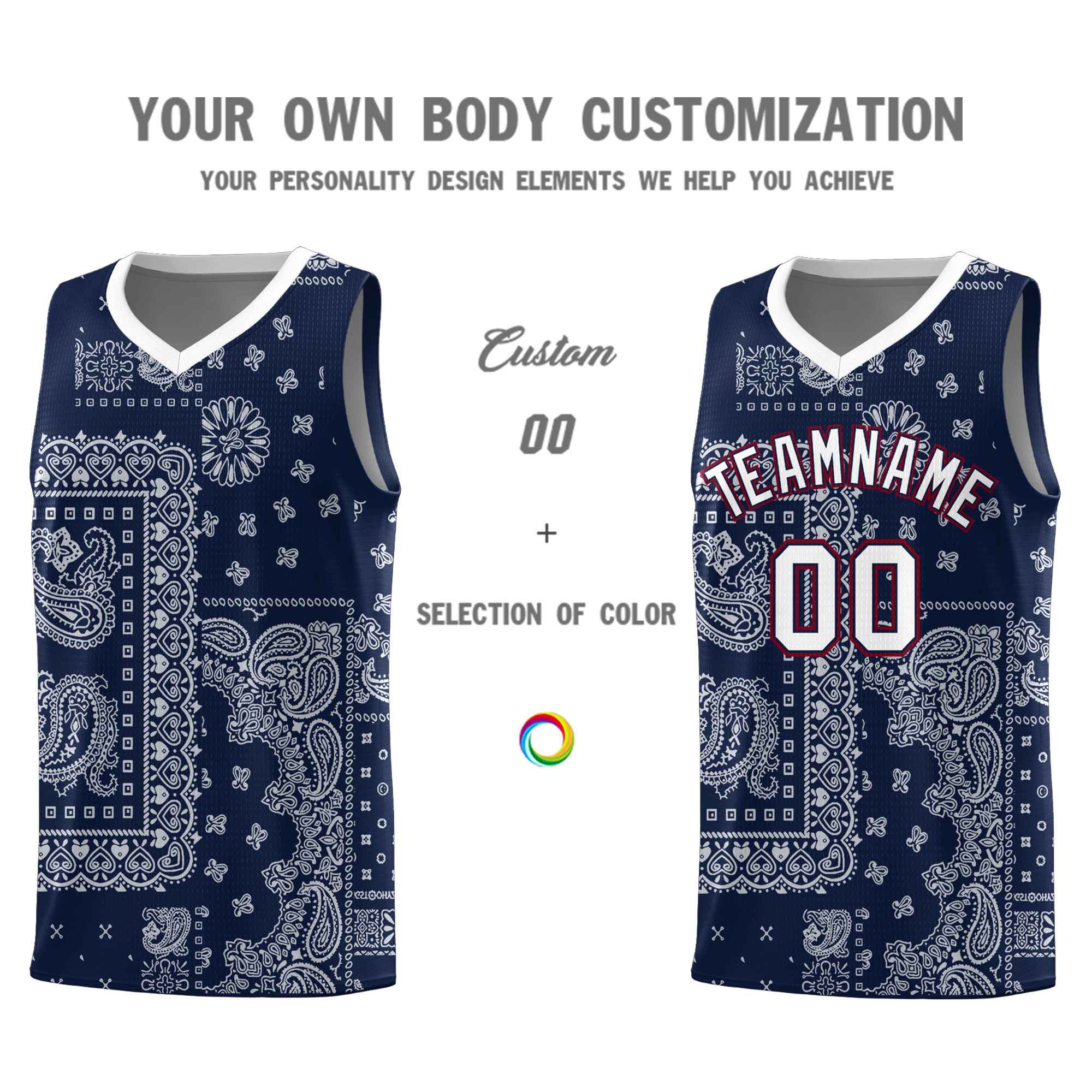 Custom Navy Basketball Kits With White Cashew Flower Print Pattern