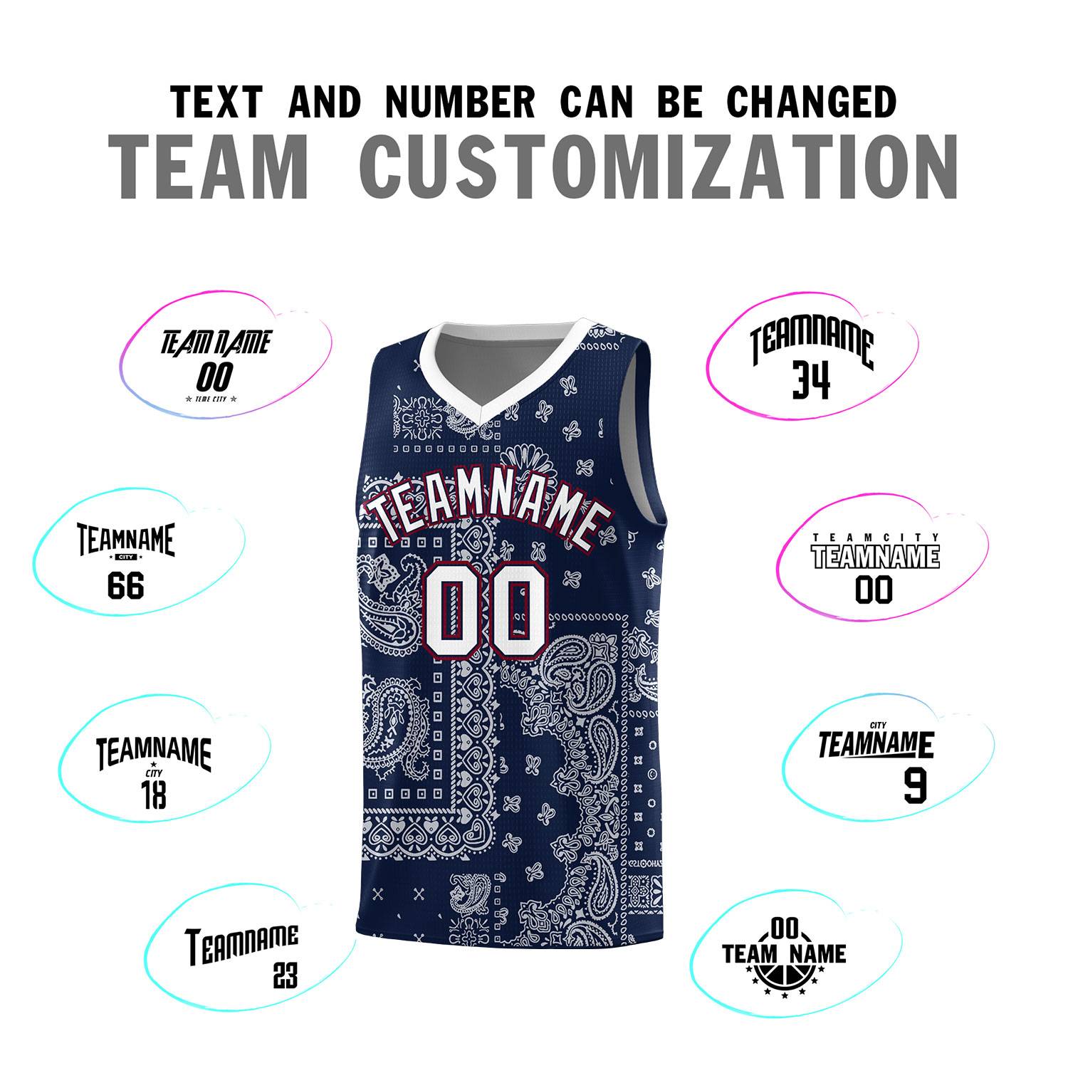 Custom Navy Basketball Kits With White Cashew Flower Print Pattern
