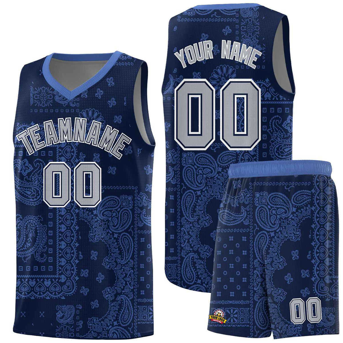 Custom Navy Basketball Kits With Light Blue Cashew Flower Print Pattern