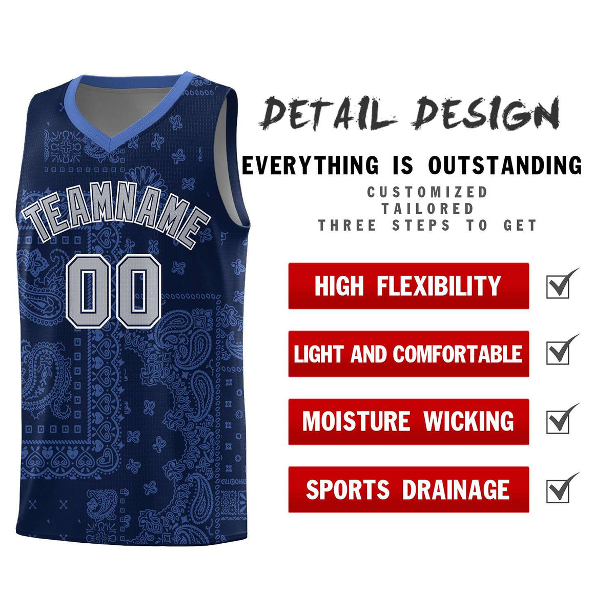 Custom Navy Basketball Kits With Light Blue Cashew Flower Print Pattern