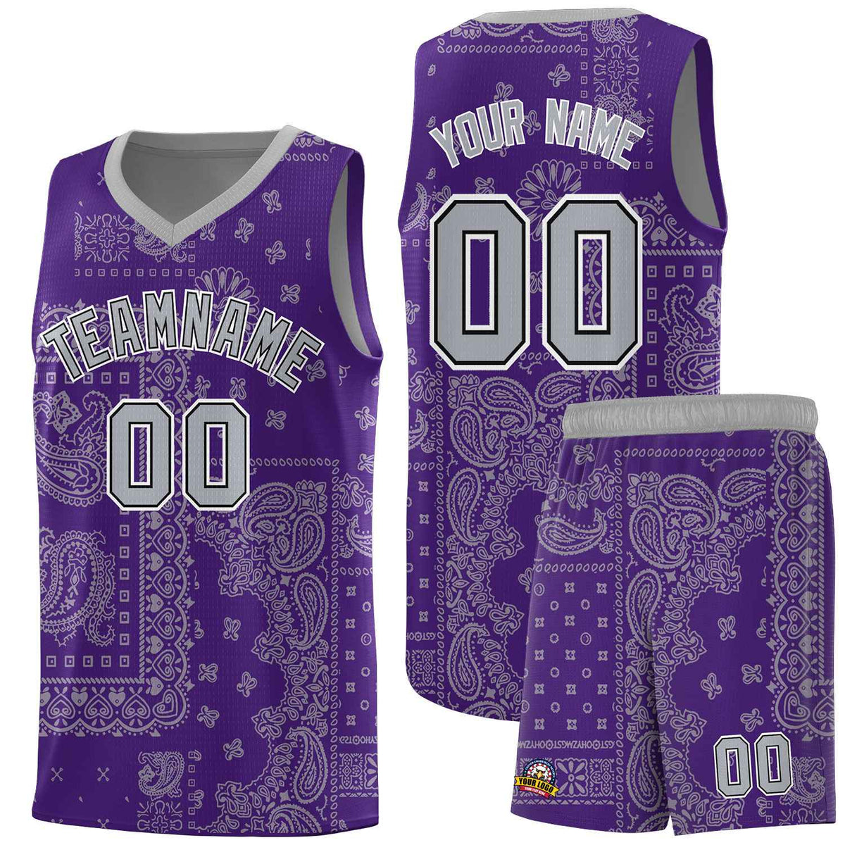 Custom Purple Basketball Kits With Gray Cashew Flower Print Pattern