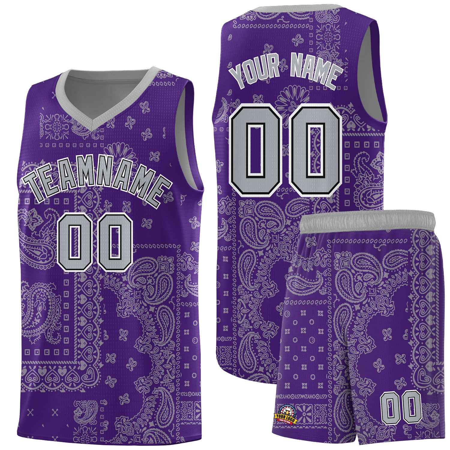 Custom Purple Basketball Kits With Gray Cashew Flower Print Pattern