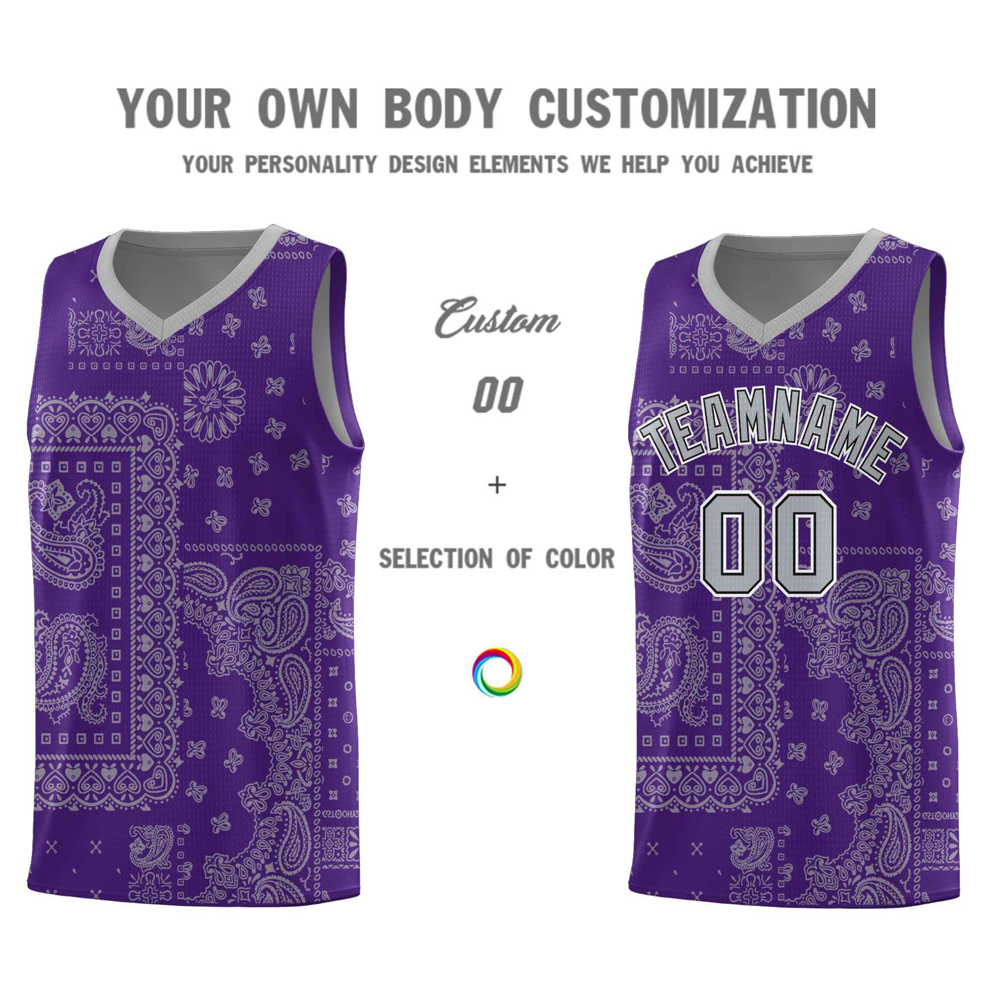 Custom Purple Basketball Kits With Gray Cashew Flower Print Pattern
