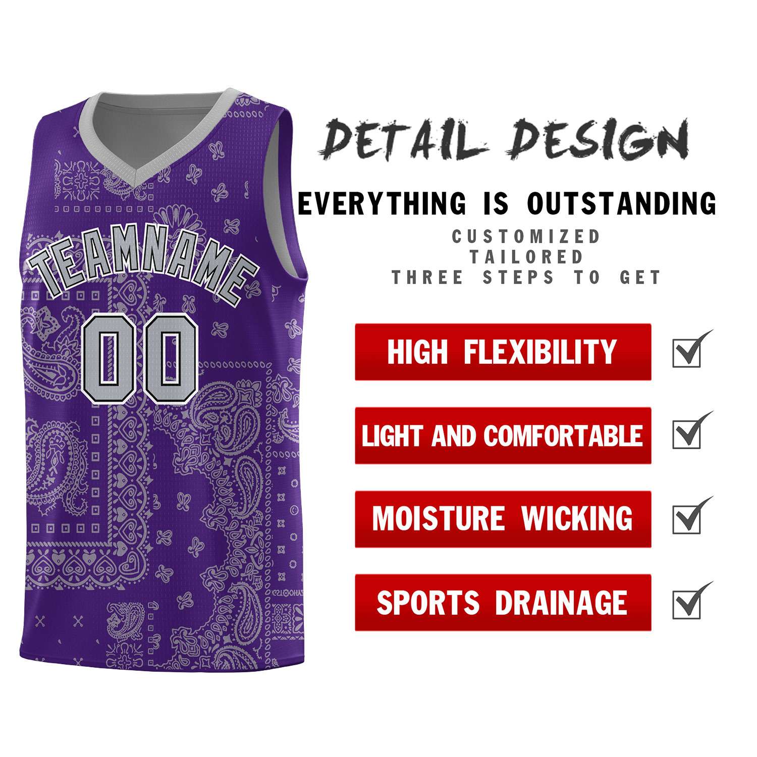 Custom Purple Basketball Kits With Gray Cashew Flower Print Pattern