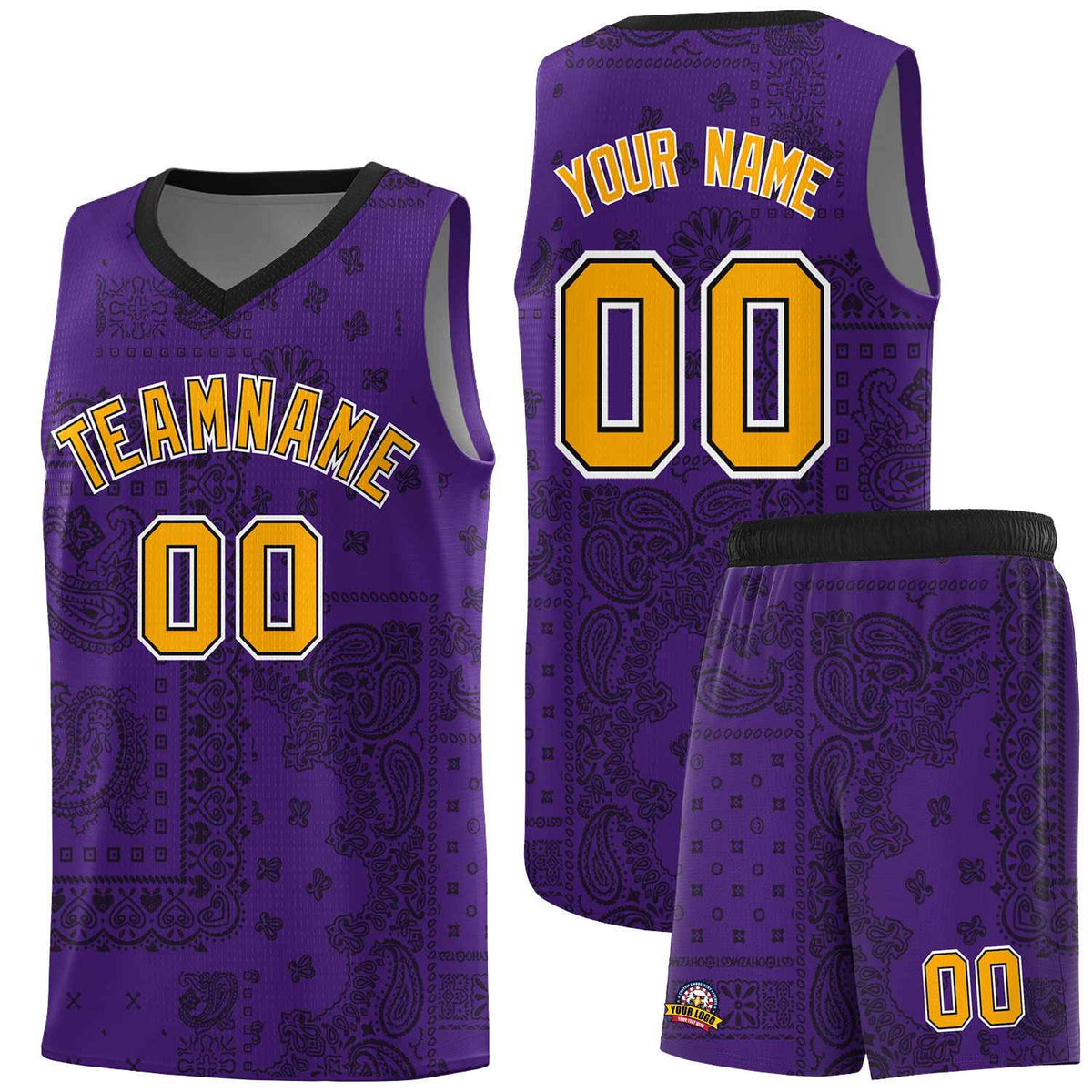 Custom Purple Basketball Kits With Black Cashew Flower Print Pattern