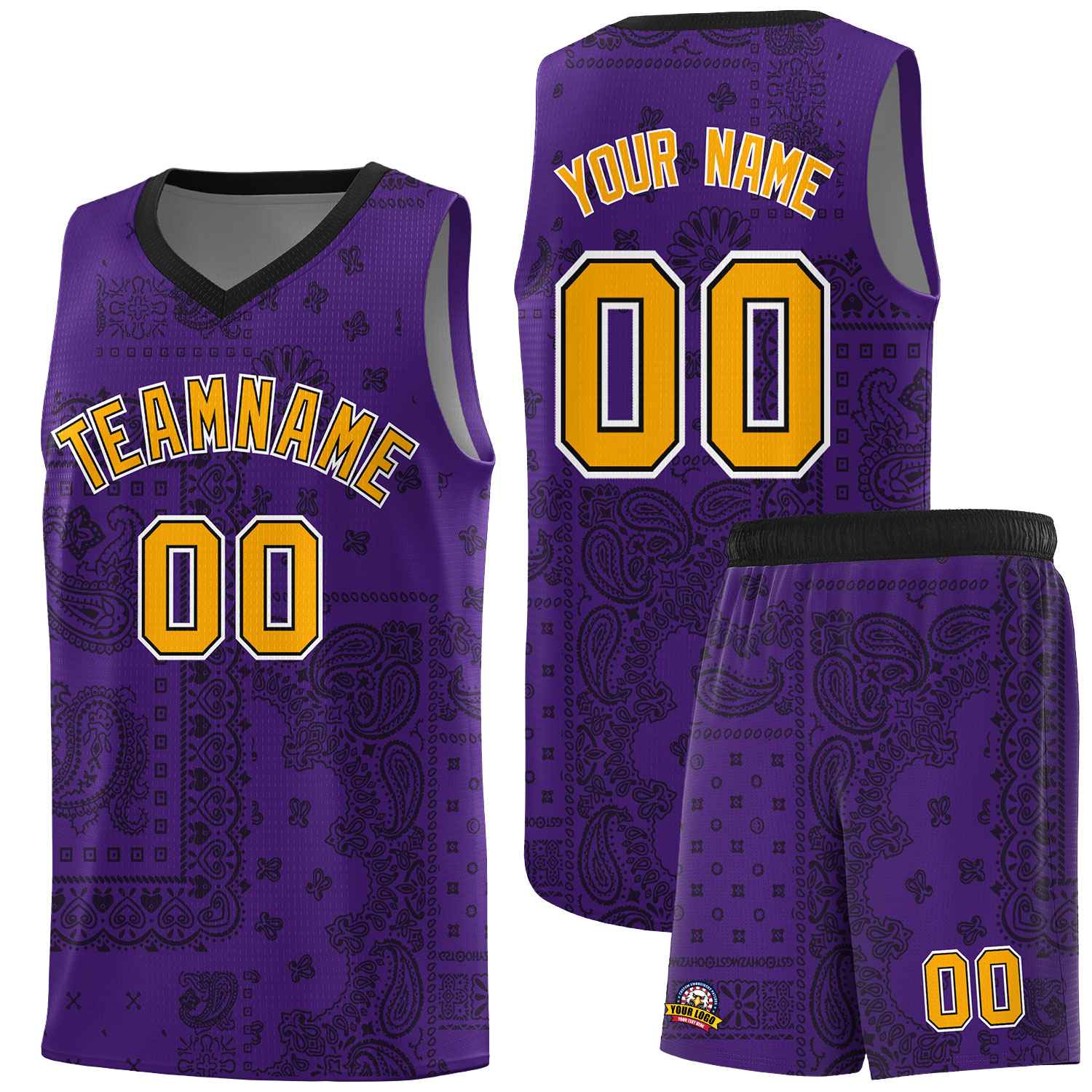 Custom Purple Basketball Kits With Black Cashew Flower Print Pattern